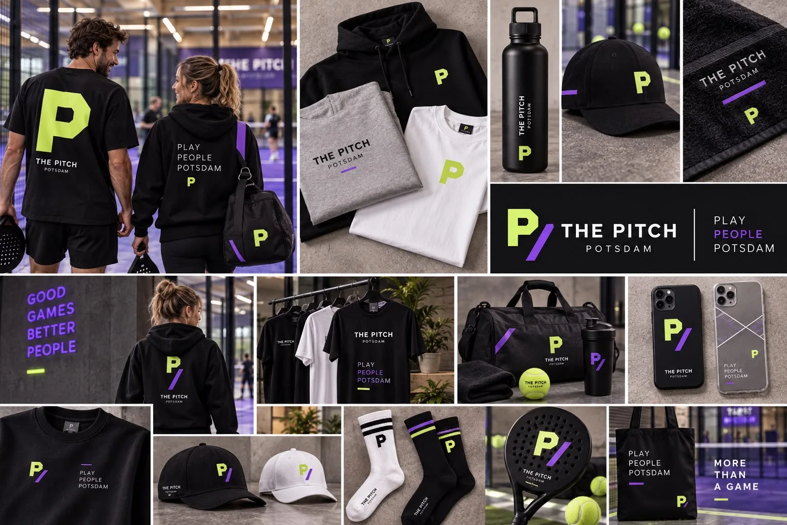 The Pitch Markenwelt: schwarze Sportkleidung, Taschen, Caps und Accessoires mit limefarbenem P und violetten Akzenten