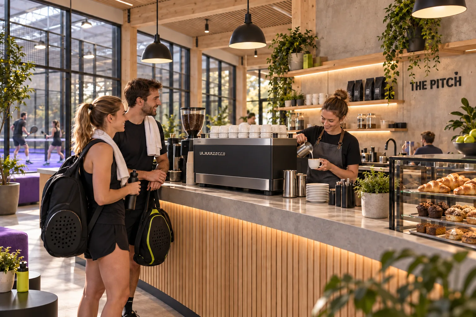 Konzeptansicht der Kaffeebar mit kantiger La-Marzocco-Maschine, deren geschlossene Rückseite zu den Gästen am Holztresen zeigt