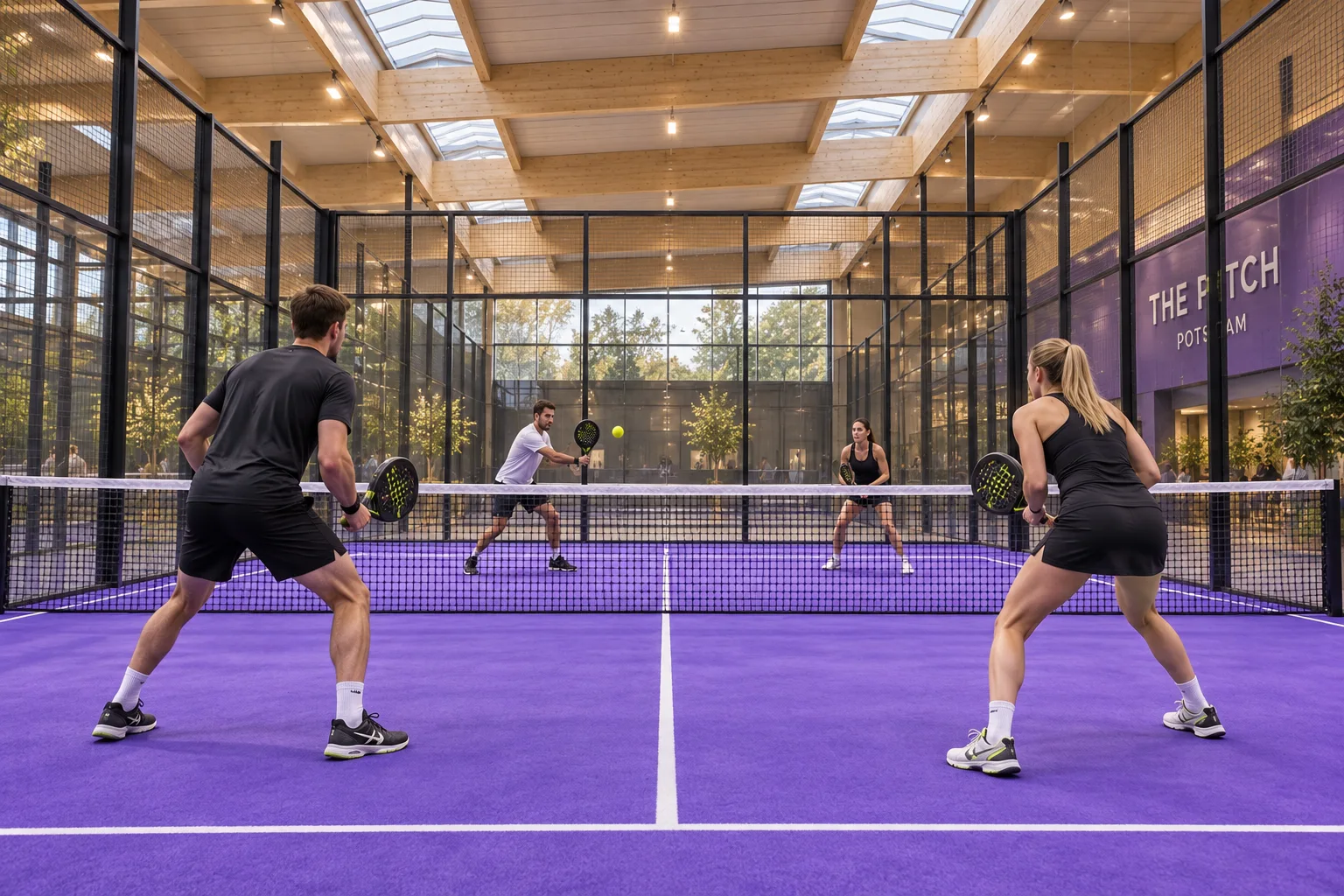 Konzeptansicht eines violetten Padel-Courts mit Netz, Glaswänden und einem Doppelspiel